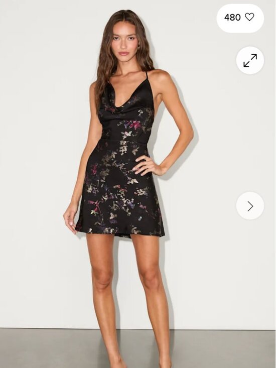 Lulus Dresses & Skirts - ❤️🔥BOGO FREE Lulu's Satin Cowl Neck Floral Backless Black LBD Mini Dress XL